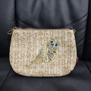 Sakroots Peace Embroidered Owl Campus Mini Straw Crossbody Or Shoulder Tan